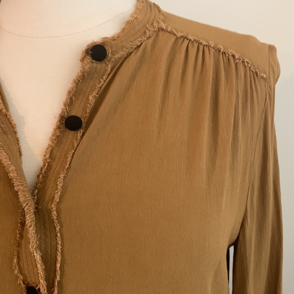 🇫🇷 Zadig and Voltaire Gold Peasant Blouse w/ Frayed Edging & Black Buttons  M